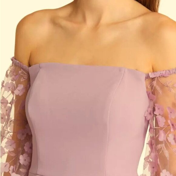 Eliza J Mauve Off the Shoulder 3D Floral Sleeve Scuba Crepe Evening Gown - Picture 2 of 2